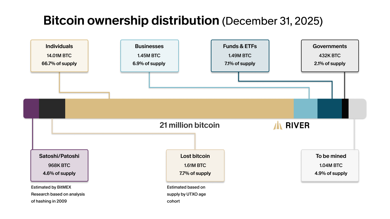 Diagram showing the distribution of Bitcoin, including lost Bitcoin, Satoshi’s Bitcoin, and remaining Bitcoin to be mined.